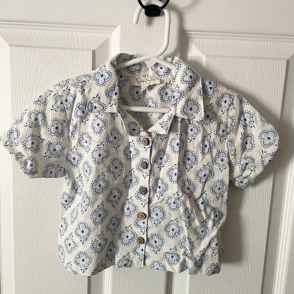 Jessica Simpson Youth Linen Blend Button Down Shirt Size 4  White & Blue - Picture 1 of 5